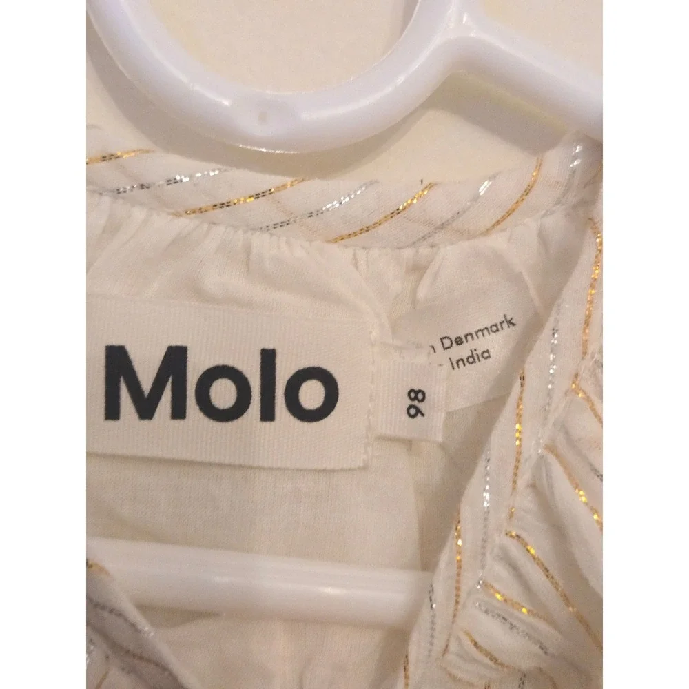 Molo Calee Girls Dress Metallic Gold Silver‎ Stripe Flutter Sleeve White 98- 3T